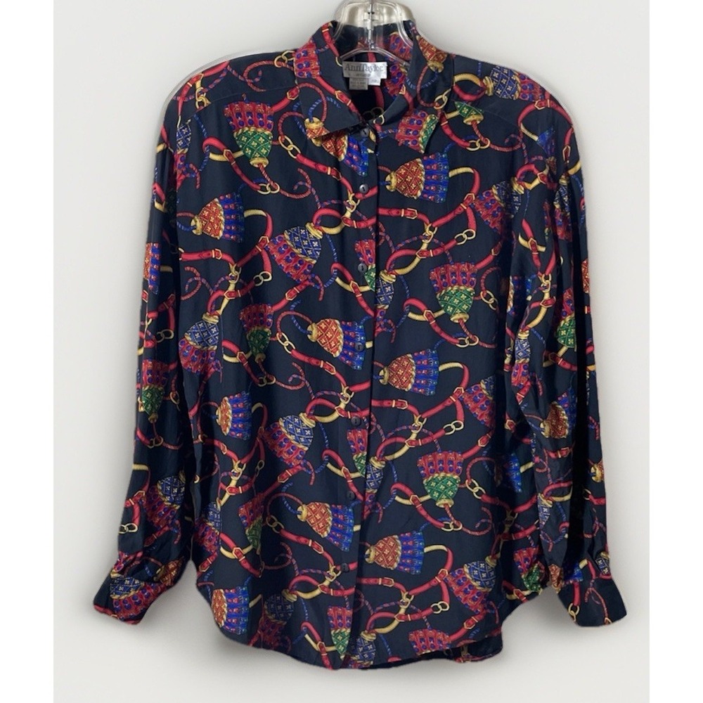 Ann Taylor Studio‎ Sz. 10 100% Silk Tassle Design Button-down Long Sleeve Blouse